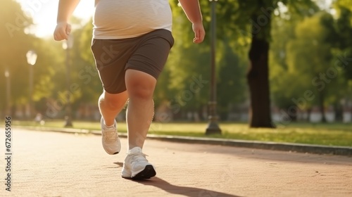 Plump man in athletic attire running along asphalt path in park on sunny day with clear weather