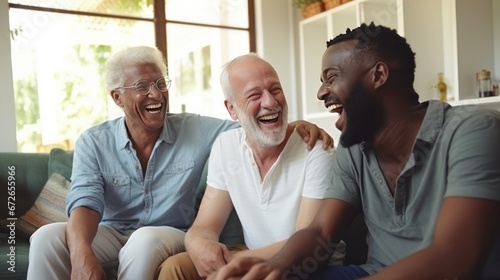 Old male friends laugh remembering old times and events while sitting on sofa in light living room