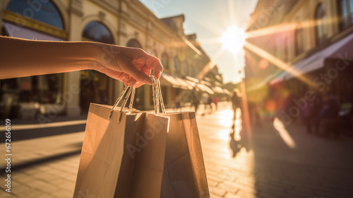 Golden Hour Shopping Spree Captured in a Bustling Outdoor Mall Environment