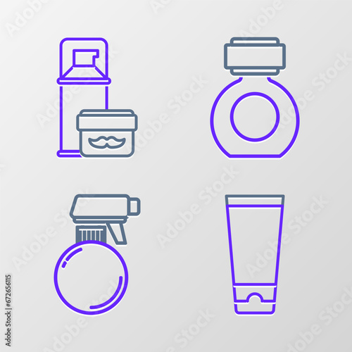 Set line Cream or lotion cosmetic tube, Hairdresser pistol spray bottle, Aftershave and Shaving gel foam icon. Vector