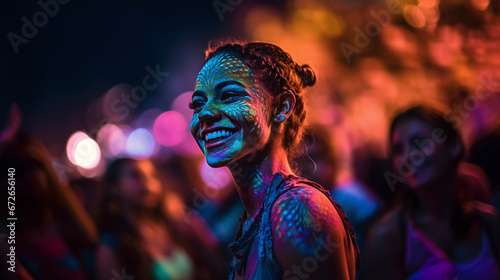 Joyful Expression and Vibrant Neon Colors Illuminate a Woman's Face at a Festive Night Event