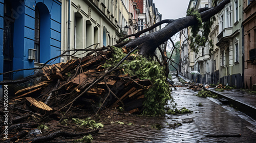 Storm Ciaran: Tree blocking street after heavy storm.  photo