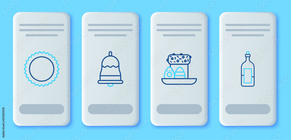 Set line Ringing bell, Easter cake and eggs, Sun and Bottle of wine icon. Vector