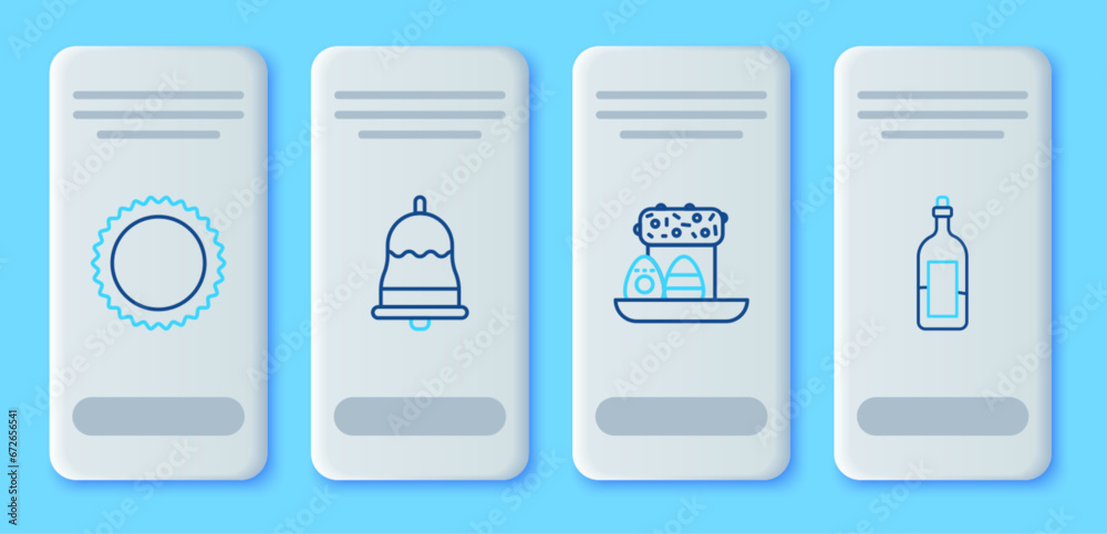 Set line Ringing bell, Easter cake and eggs, Sun and Bottle of wine icon. Vector Set line Ringing bell, Easter cake and eggs, Sun and Bottle of wine icon. Vector
