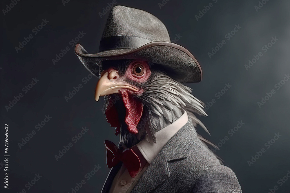 Rooster gentleman in a suit, tie, hat and glasses on a black background. AI generated. - obrazy, fototapety, plakaty 
