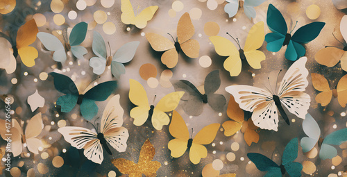 illustrazione con tema naturale, sfondo con farfalle ed elementi decorativi, realizato con ritagli di carta photo