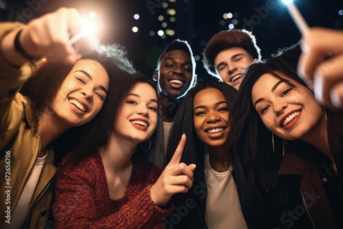 group of cheerful teenager friends taking selfie