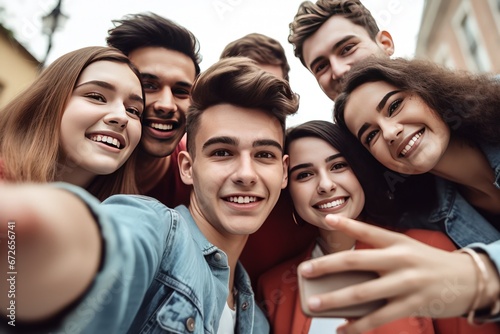 daytime group selfie of young friends met for reunion photo