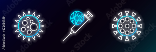 Set line Virus, and Syringe and virus icon. Glowing neon. Vector