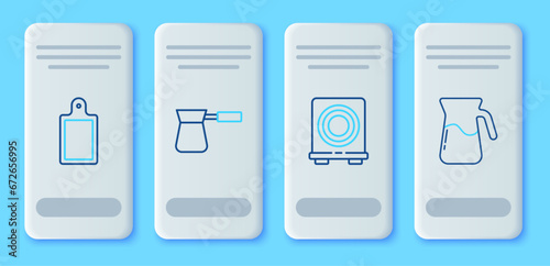 Set line Coffee turk, Electric stove, Cutting board and Jug glass with water icon. Vector