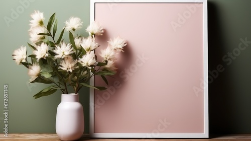 Wooden frame mockup on a desk with vases with flowers. Dark background. Generative AI