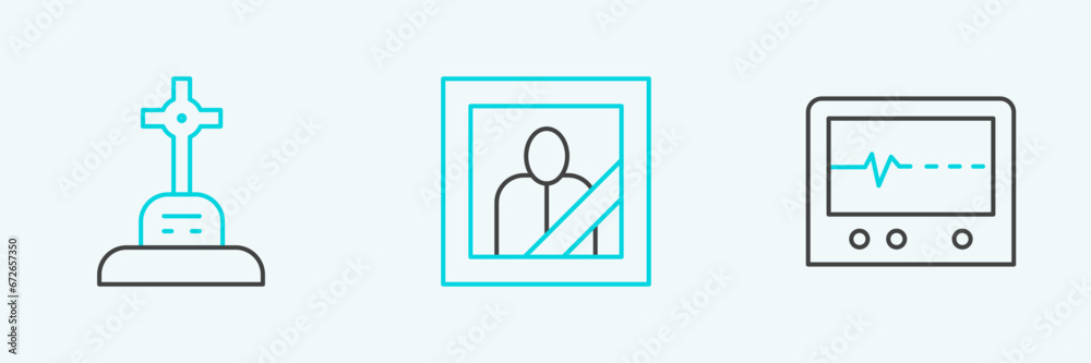 Set line Beat dead in monitor, Grave with cross and Mourning photo frame icon. Vector Set line Beat dead in monitor, Grave with cross and Mourning photo frame icon. Vector