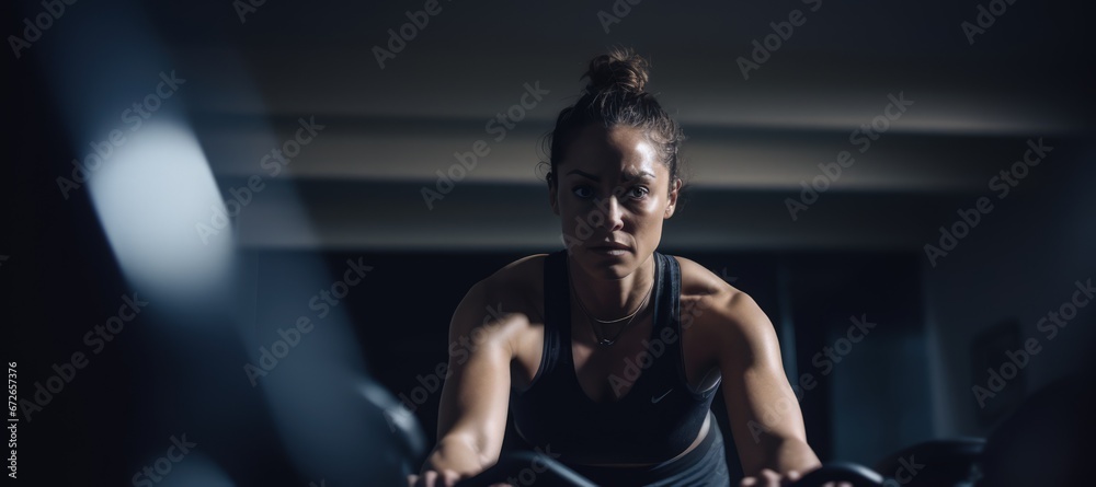 powerful fitness athlete working out with gym equipment