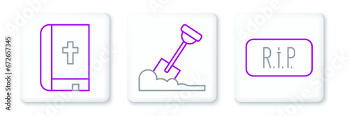 Set line Speech bubble rip death, Holy bible book and Shovel in the ground icon. Vector