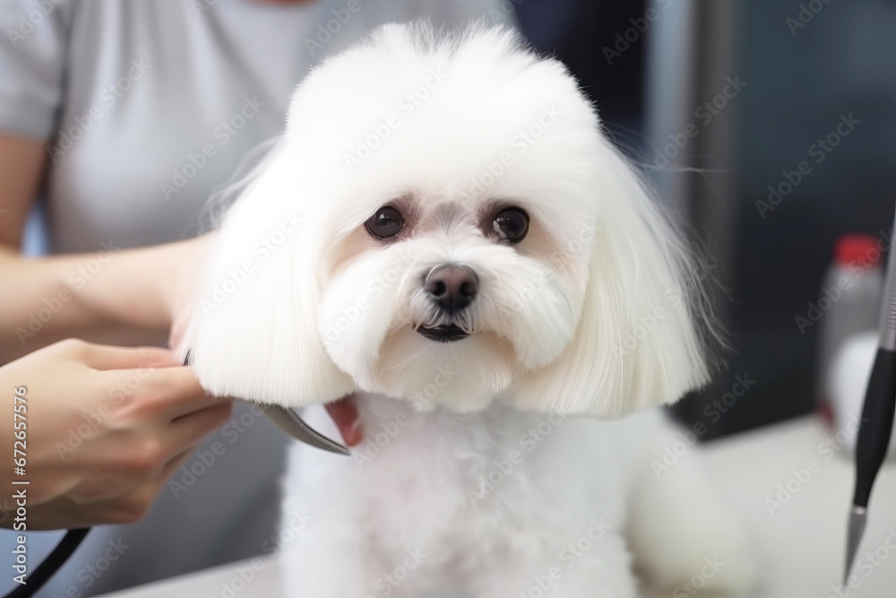Caring for a haircut for a pet, grooming a white small dog at the barber, close-up. AI generated. Caring for a haircut for a pet, grooming a white small dog at the barber, close-up. AI generated.