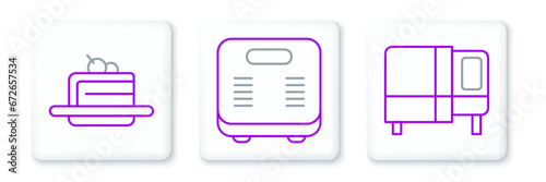 Set line Bed, Cake and Bathroom scales icon. Vector
