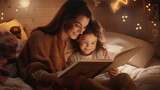 Loving mother read children book her daughter. Mom tell fairy tale story to child. Mum hug little kid. Happy childhood concept. Nice mommy and girl at cozy bedroom. Parents love. Motherhood activity.