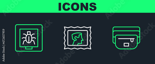 Set line Waist bag of banana, Insects in frame and Postal stamp icon. Vector