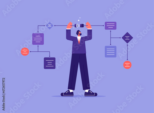 Analyst with structural thinking, finding connections, building flowchart scheme, system, logic and structure in business analysis concept