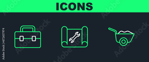 Set line Wheelbarrow, Toolbox and Graphing paper and wrench icon. Vector