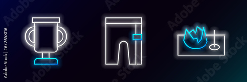 Set line Bicycle on street ramp, Award cup with bicycle and Cycling shorts icon. Glowing neon. Vector