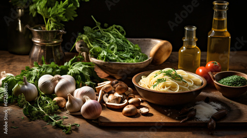Ingredients for a pasta dish with mushroom sauce