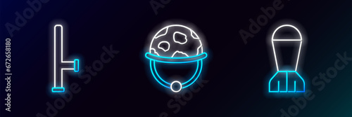 Set line Aviation bomb, Police rubber baton and Military helmet icon. Glowing neon. Vector