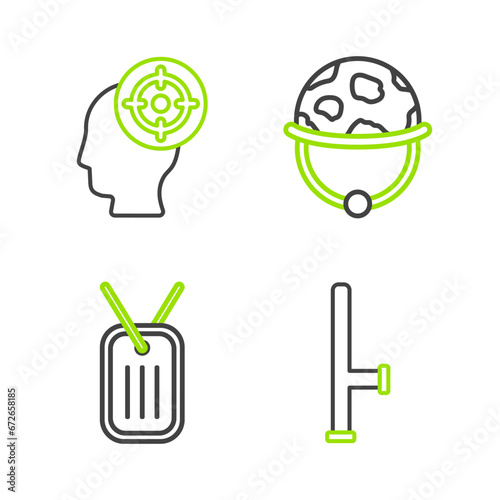 Set line Police rubber baton, Military dog tag, helmet and Target sport icon. Vector