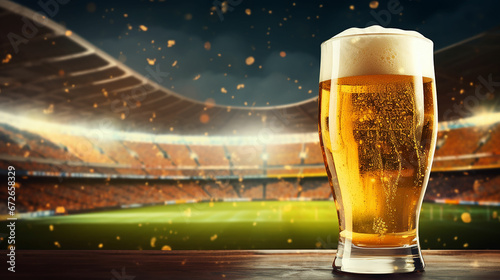 Glass of beer on football stadium background. Made with generative ai photo