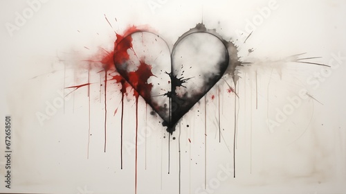 Black heart bleeding feelings of red, watercolor art. photo