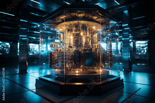 Quantum computer in scientific research laboratory, scientific developments, quantum technology and cooling mechanisms, futuristic design, concept photo