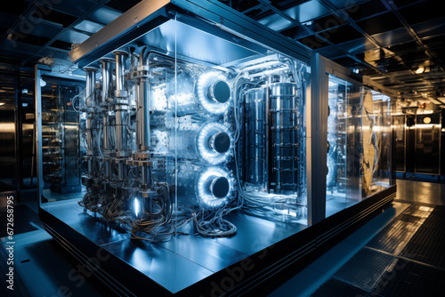 Quantum computer in scientific research laboratory, scientific developments, quantum technology and cooling mechanisms, futuristic design, concept