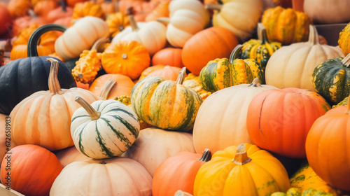 Colorful different pumpkins and gourds on autumn market