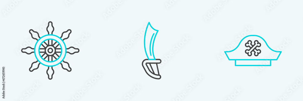 Set line Pirate hat, Ship steering wheel and sword icon. Vector Set line Pirate hat, Ship steering wheel and sword icon. Vector
