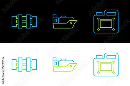 Set line Canister for motor oil, Metallic pipes and valve and Oil tanker ship icon. Vector