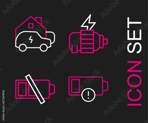 Set line Low battery, Electric motor and Charging car home icon. Vector