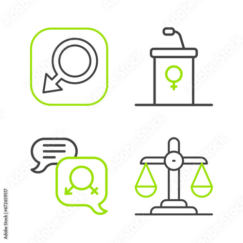 Set line Gender equality, Debate podium rostrum and Male gender icon. Vector
