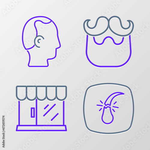 Set line Broken hair follicle, Barbershop building, Mustache and beard and Baldness icon. Vector