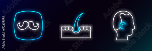 Set line Baldness, Barbershop and Human hair follicle icon. Glowing neon. Vector