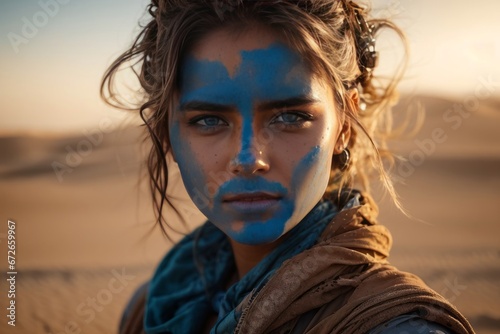 Beautiful post-apocalyptic tribal woman looks into the camera close-up