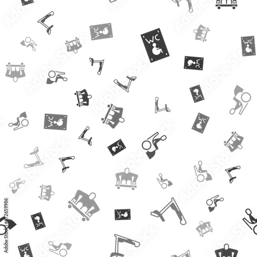 Set Separated toilet for disabled, Treadmill machine, Woman wheelchair and Man without legs sitting on seamless pattern. Vector