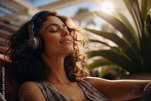 A woman lounging on a chair and listening to music on her headphones. Great for stories on audio, music, lifestyle, meditation, relaxation and more.  photo