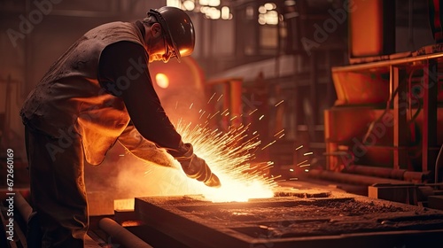A steelworker when casting draining metal from a cupola furnace. Metallurgy.
 photo