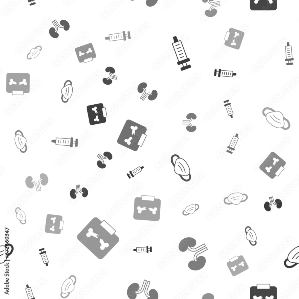 Set Syringe, Human kidneys, Medical protective mask and X-ray shots with broken bone on seamless pattern. Vector Set Syringe, Human kidneys, Medical protective mask and X-ray shots with broken bone on seamless pattern. Vector