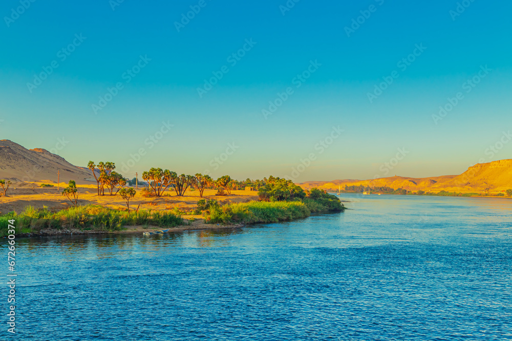 Magnificent scenery on the Nile River. Sunset.