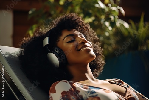 A woman lounging on a chair and listening to music on her headphones. Great for stories on audio, music, lifestyle, meditation, relaxation and more. 