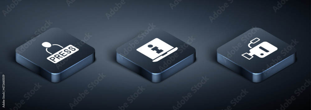 Set Isometric Journalist news, Cinema camera and Information icon. Vector Set Isometric Journalist news, Cinema camera and Information icon. Vector