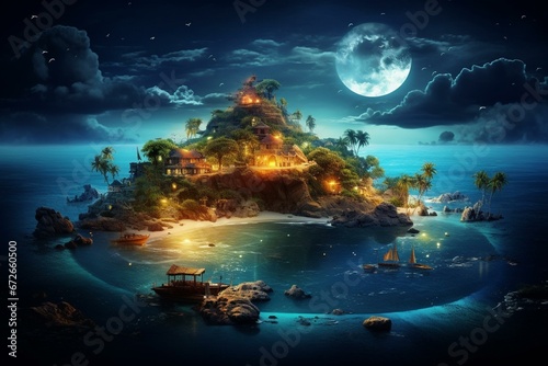 Surreal island fantasy at night. Generative AI © Yara