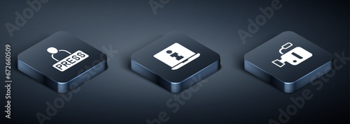 Set Isometric Journalist news, Cinema camera and Information icon. Vector