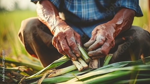 Asian farmer is peeling sugar cane for squeeze a sugarcane juice. 